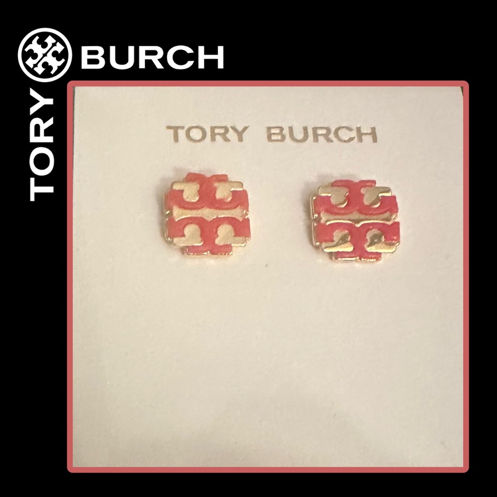 Tory Burch Red and Gold Logo Stud Earrings